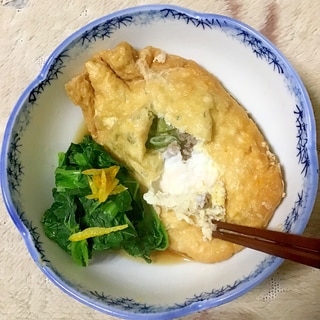 豚ひき肉と葱のたまご巾着煮withかき菜。